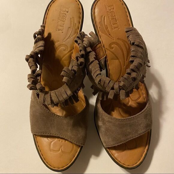 Born Kassidy Leather suede Fringe platform slip on studded Sandal Heels-9 - Picture 8 of 12